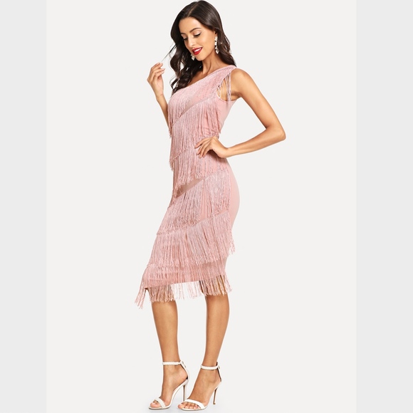One Shoulder Tiered Fringe Bodycon Dress Pink - Picture 2 of 8